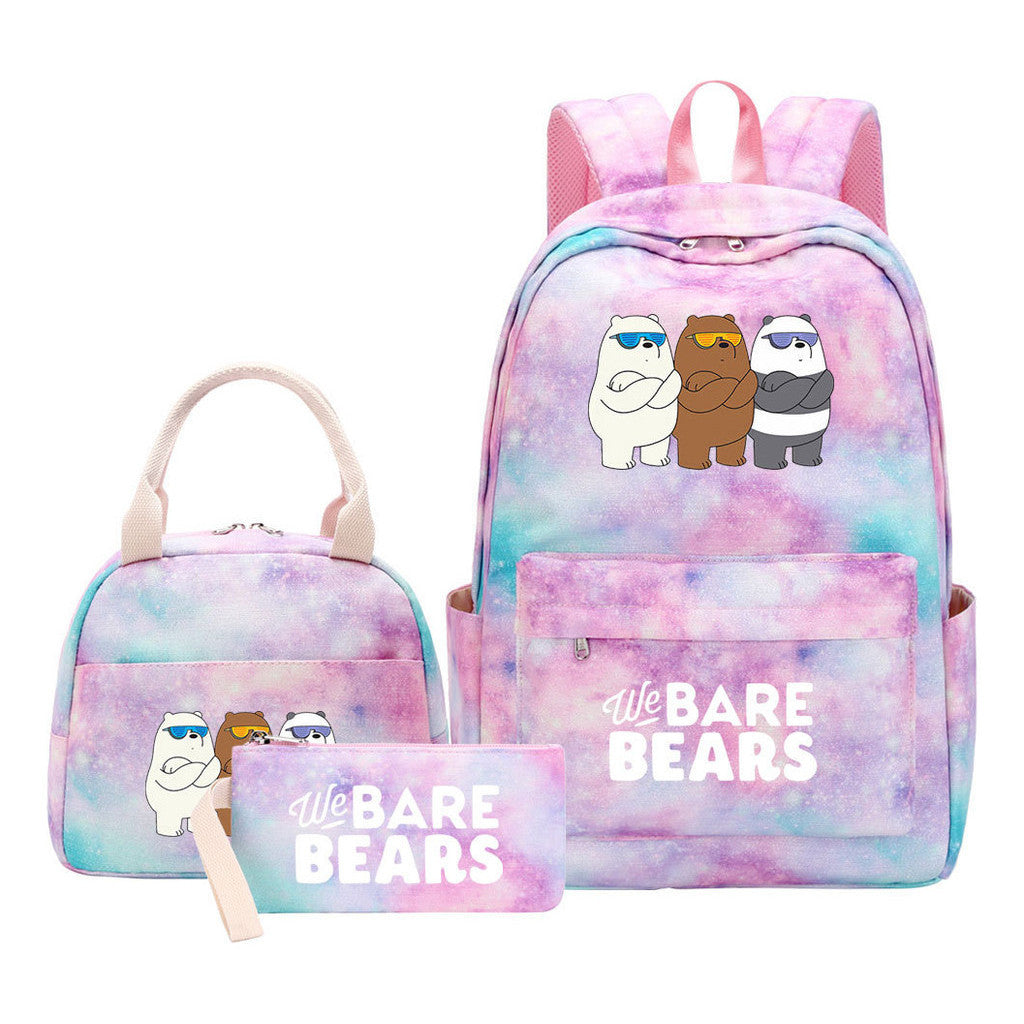 Cartoon Cute Three Bears Youth Student Girls School Bag Lunch Bag Three Piece Set Backpack Set