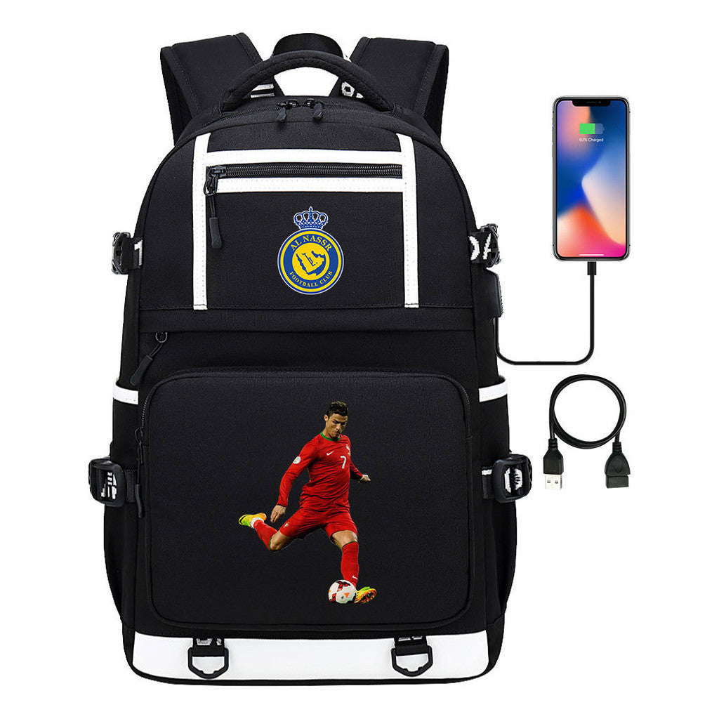 Football Star Cristiano Ronaldo Printed Usb Youth Student Backpack For Men And Women, Backpack For Leisure Travel