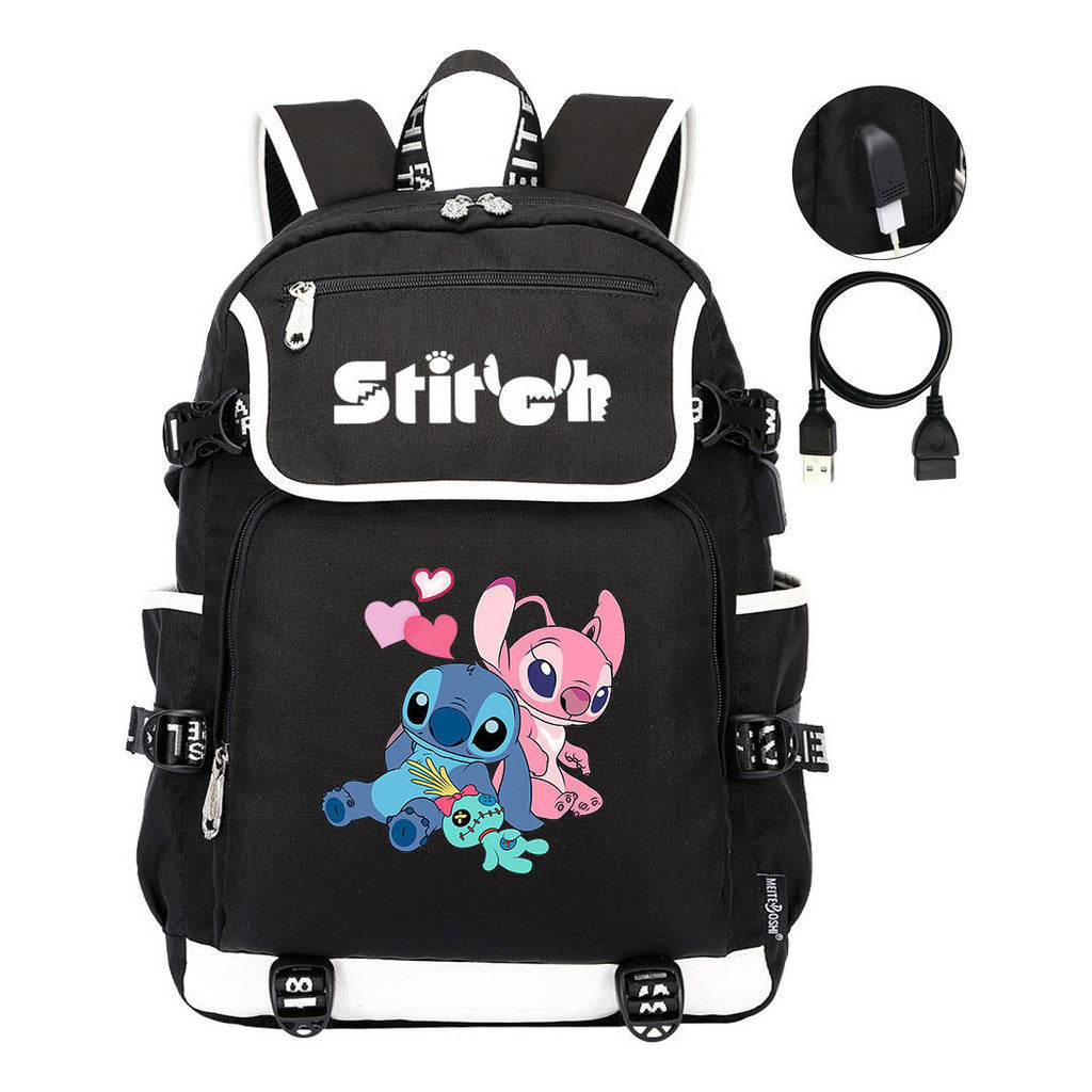 Anime Star Baby Stitch Printed Usb Student Backpack For Men And Women's Leisure Travel Backpack