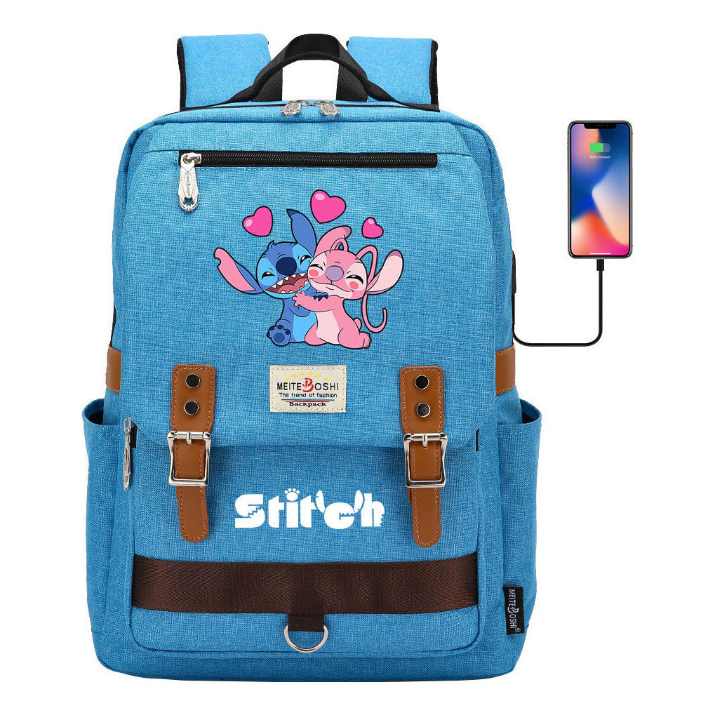 Anime Star Baby Stitch Printed Student Backpack For Men And Women With Casual Magnetic Buckle Backpack