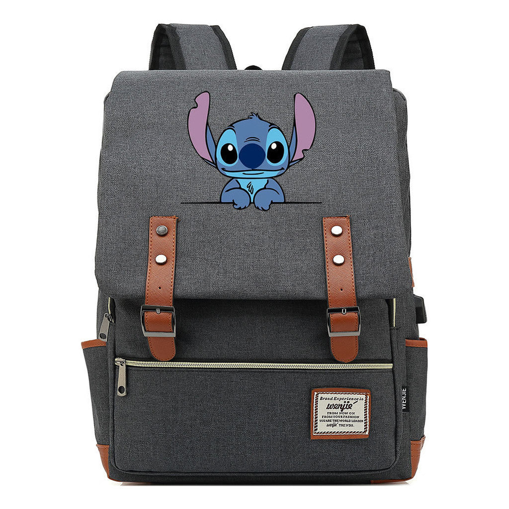 Anime Star Baby Stitch Printed Youth Student Backpack Usb Casual Backpack