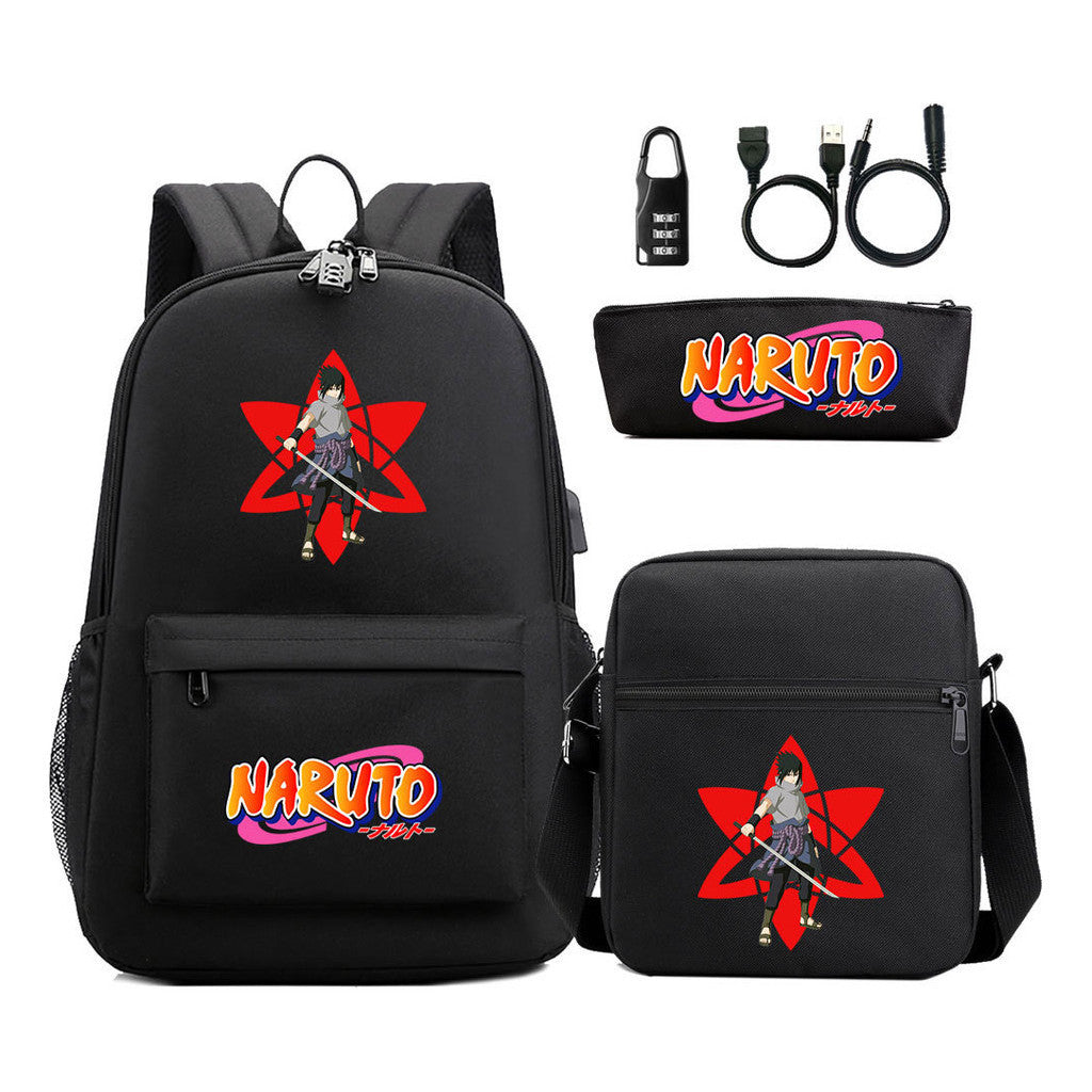 Naruto Usb Password Lock Youth Student Backpack Three Piece Set For Men And Women Backpacks