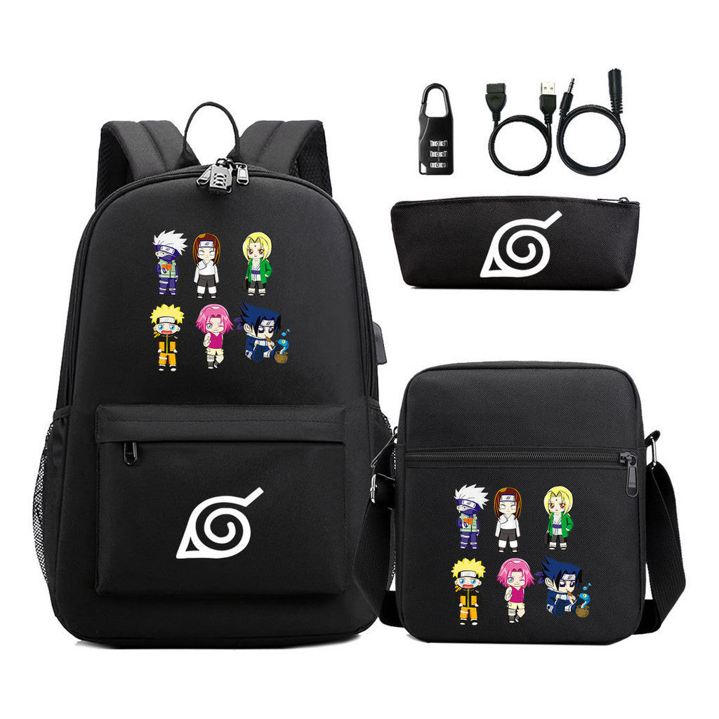 Fashionable Naruto Usb Password Lock Youth Student School Bag Three Piece Backpack Set