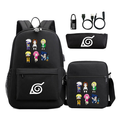 Fashionable Naruto Usb Password Lock Youth Student School Bag Three Piece Backpack Set