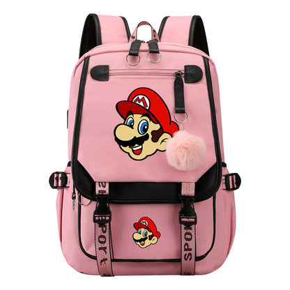 Super Mario Printed Usb Backpack For Men And Women, Casual Woven Strap Flip Back Backpack