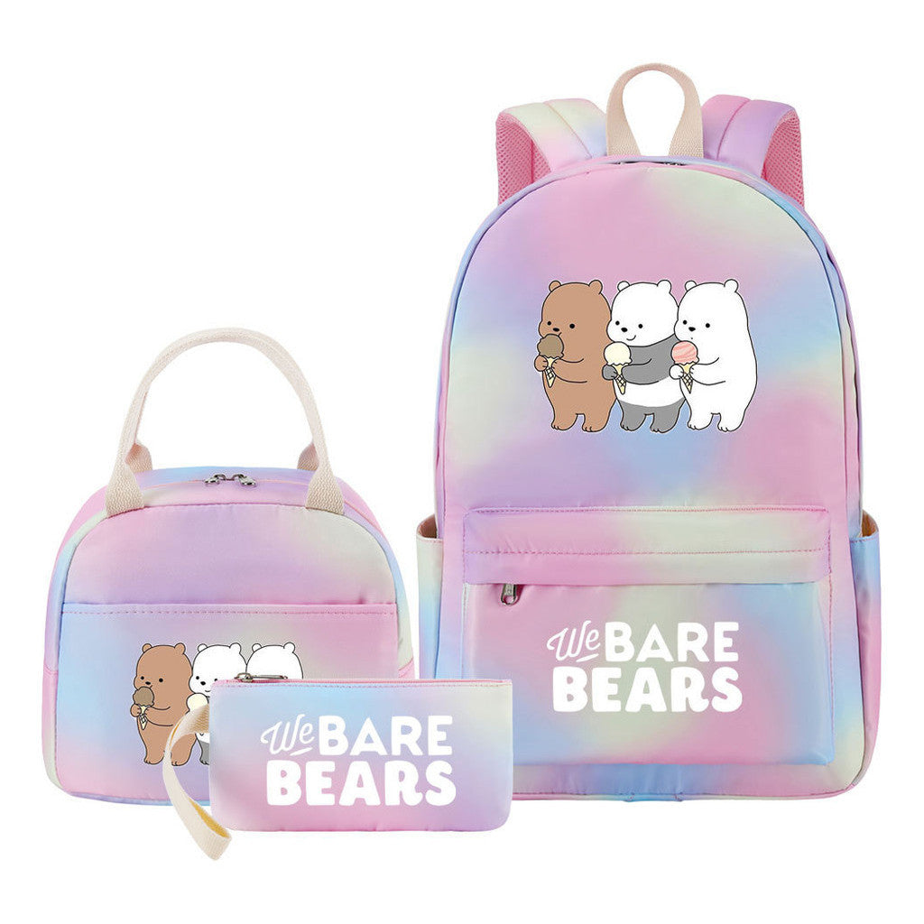 Cartoon Cute Three Bears Youth Student Girls School Bag Lunch Bag Three Piece Set Backpack Set