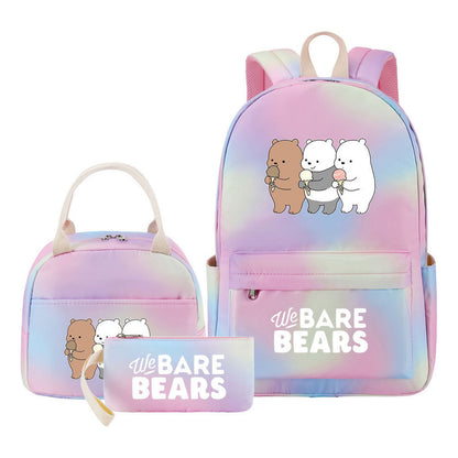 Cartoon Cute Three Bears Youth Student Girls School Bag Lunch Bag Three Piece Set Backpack Set