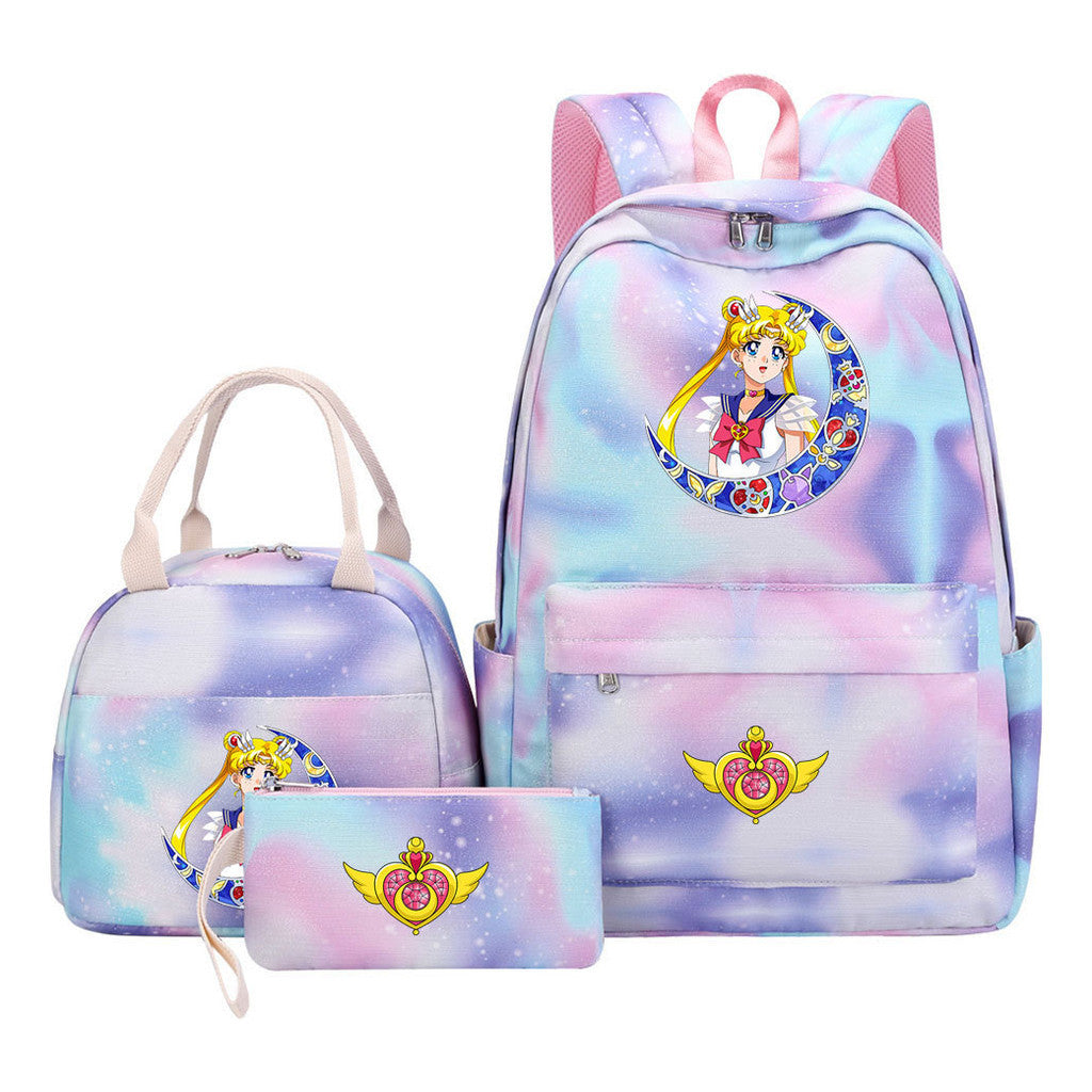 Anime Beauty Girl Warrior Student Girls School Bag Lunch Bag Three Piece Set Backpack Set