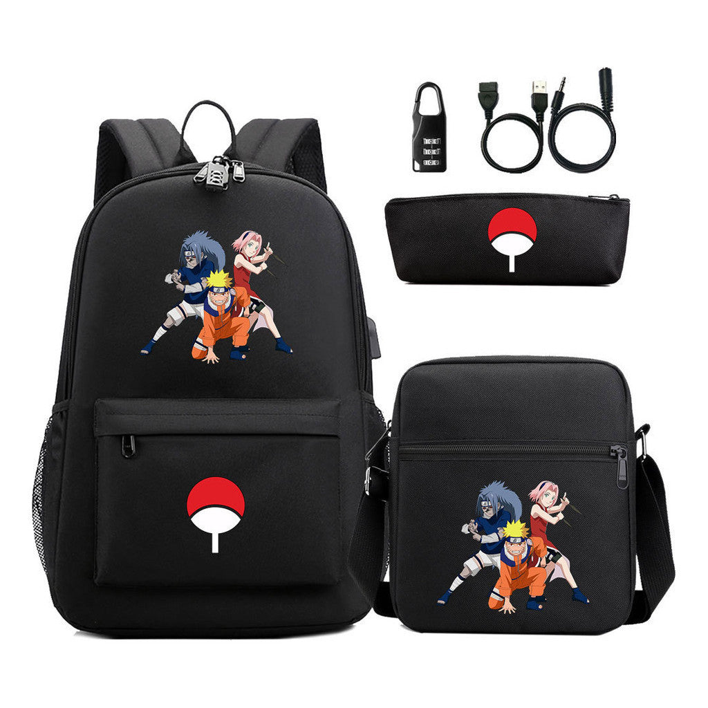 Naruto Usb Password Lock Year Student School Bag Three Piece Set Backpack Set