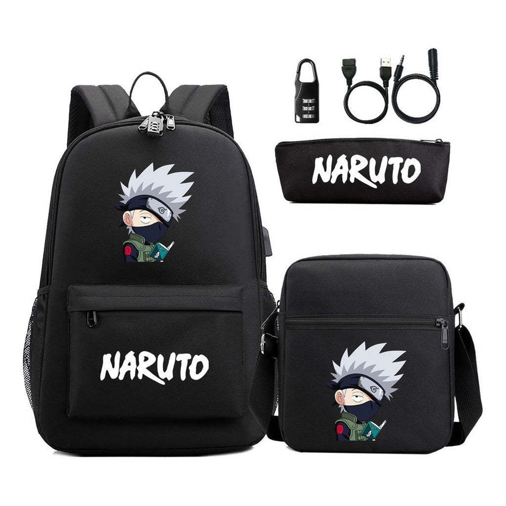 Naruto Usb Password Lock Youth Student Backpack Three Piece Set For Men And Women Backpack Set