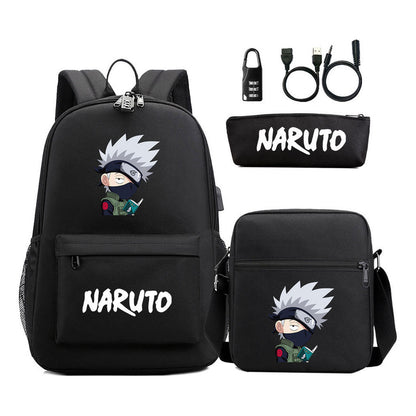 Naruto Usb Password Lock Youth Student Backpack Three Piece Set For Men And Women Backpack Set