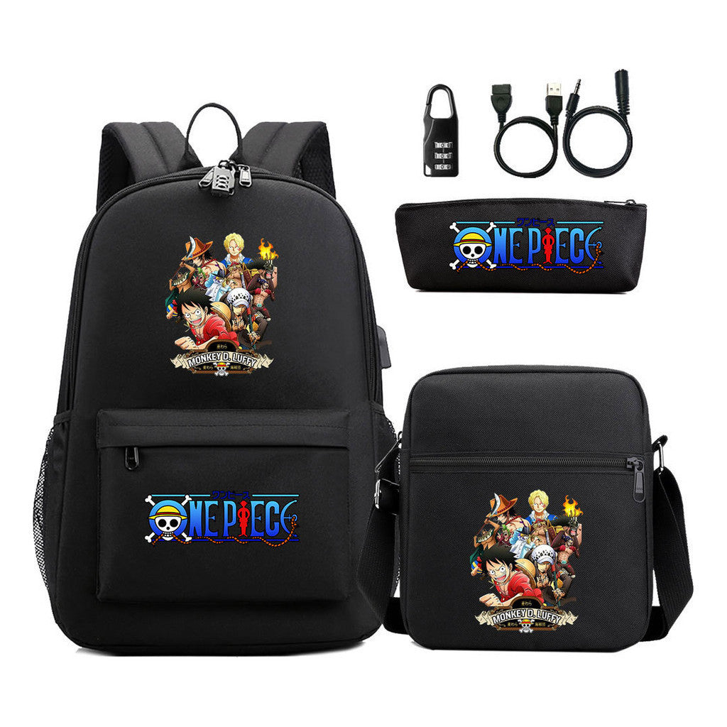 Cartoon Pirate King Usb Password Lock Youth Student Backpack Three Piece Set Backpack