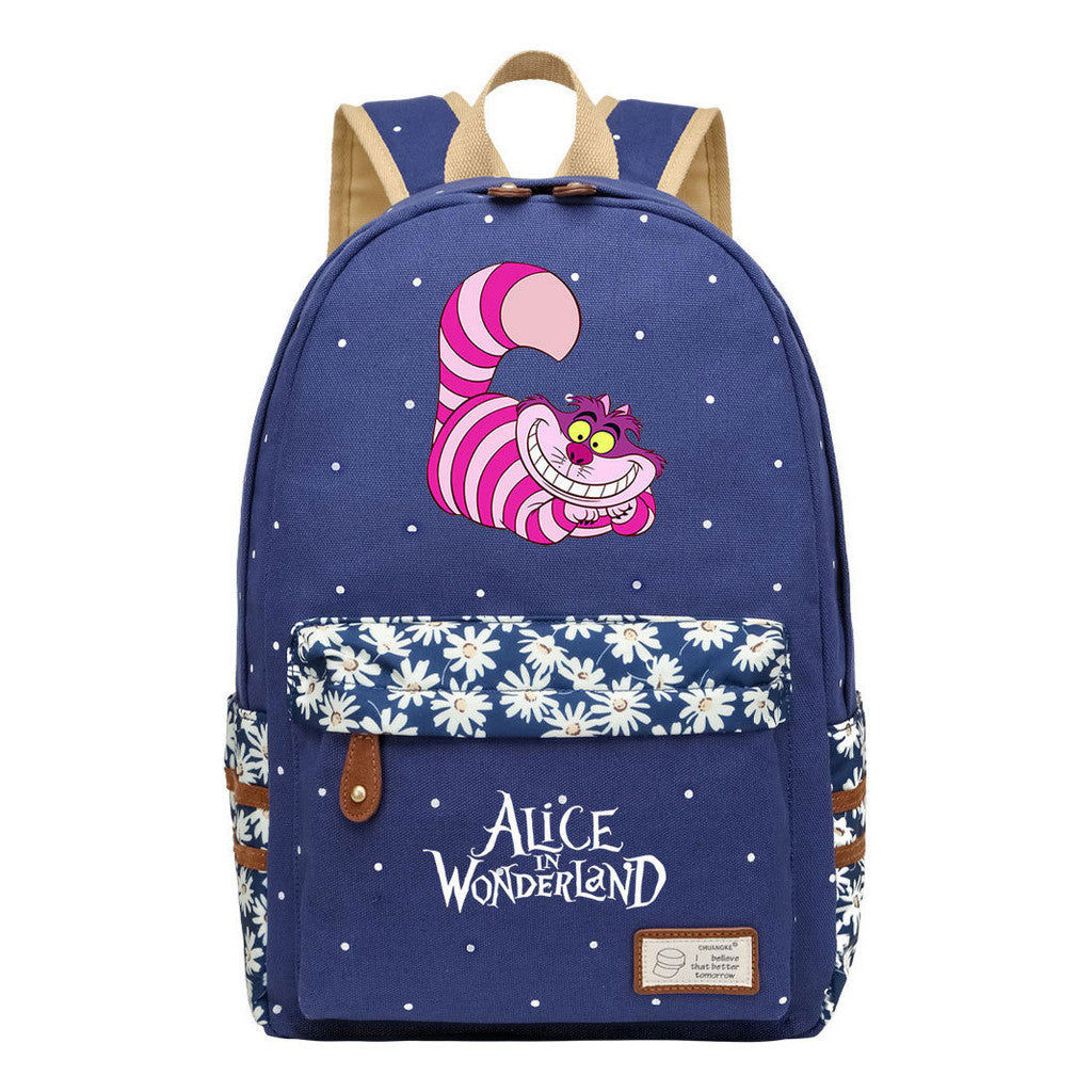 Anime Cartoon Cheshire Cat Print Student Backpack, Floral Casual Backpack