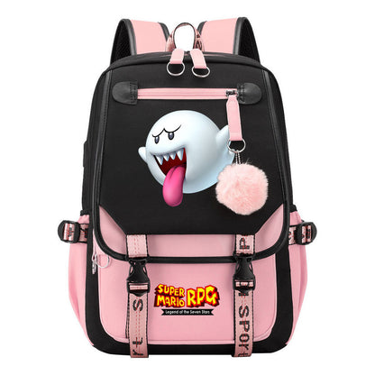 Super Mario Printed Usb Youth Student Backpack For Men And Women With Casual Woven Strap Flap Backpack