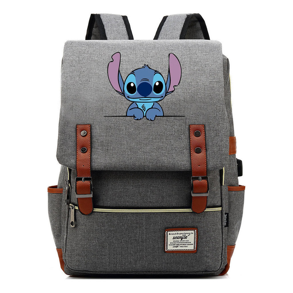 Anime Star Baby Stitch Printed Youth Student Backpack Usb Casual Backpack