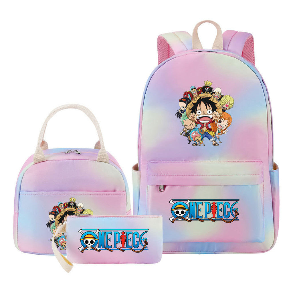 Cartoon Pirate King Youth Student Girls School Bag Lunch Bag Three Piece Set Backpack Set