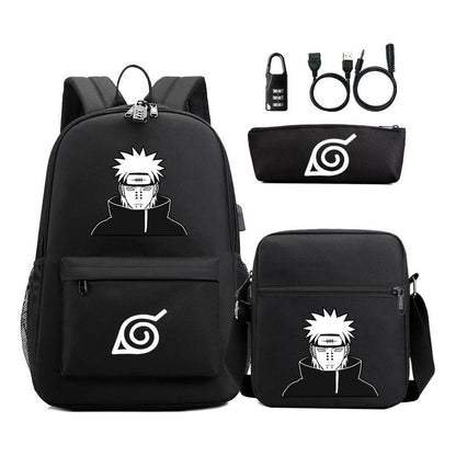Naruto Usb Password Lock Backpack Three Piece Set For Men And Women Backpack Set