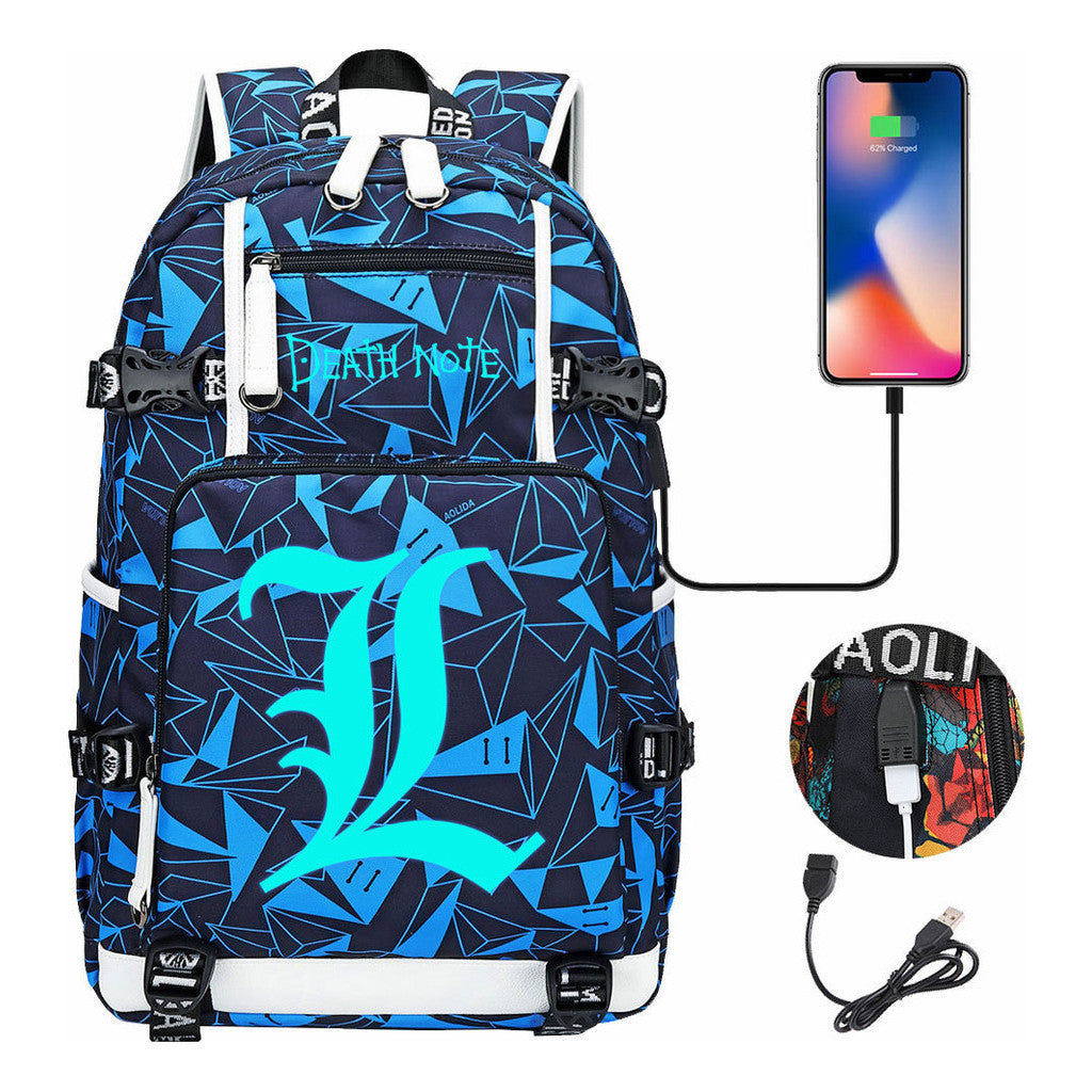 Blue Night Light Death Note Usb Youth Student School Bag Men's And Women's Leisure Travel Backpack