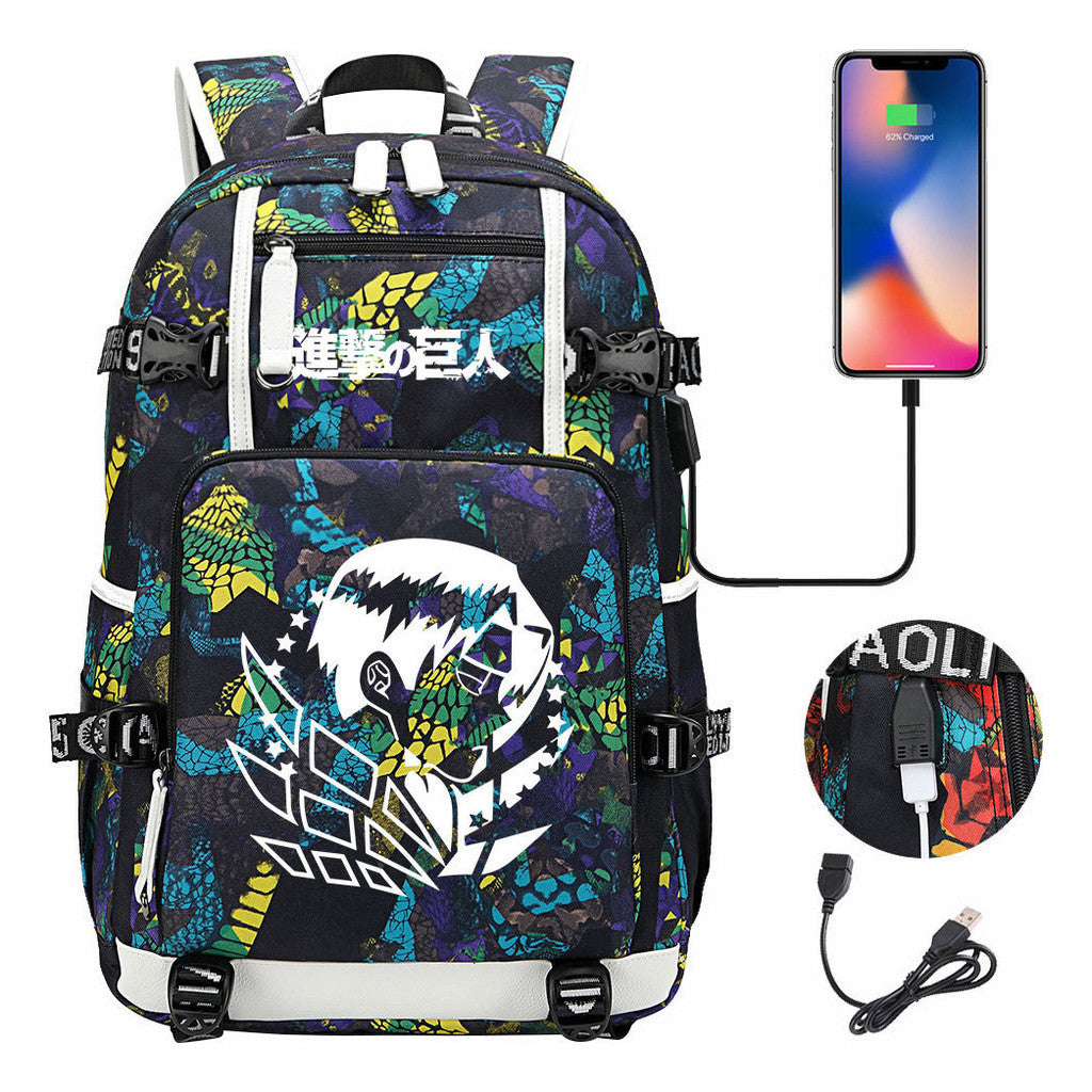 The Giant Of Manga Attack Usb Youth Student Backpack For Men And Women's Leisure Travel Backpack