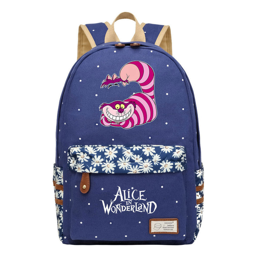 Anime Cartoon Cheshire Cat Print Student Backpack, Floral Casual Backpack