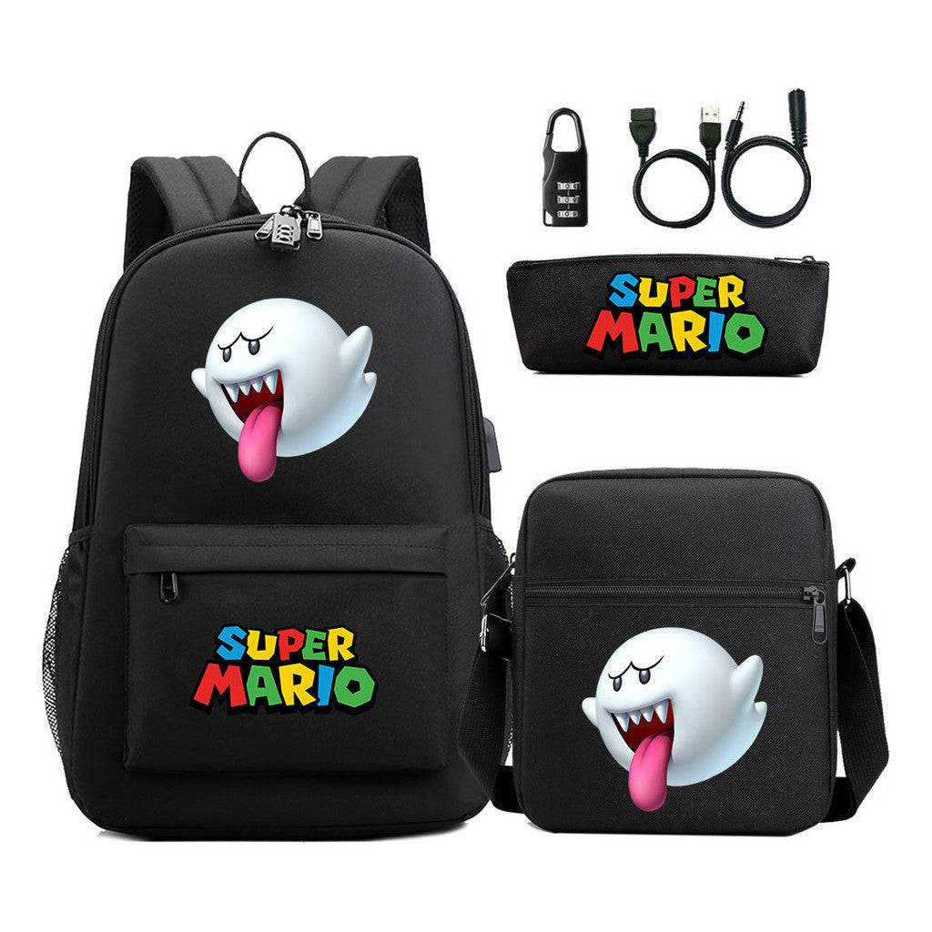 Super Mario Usb Password Lock Youth Student Backpack 3-piece Set For Men And Women Backpacks