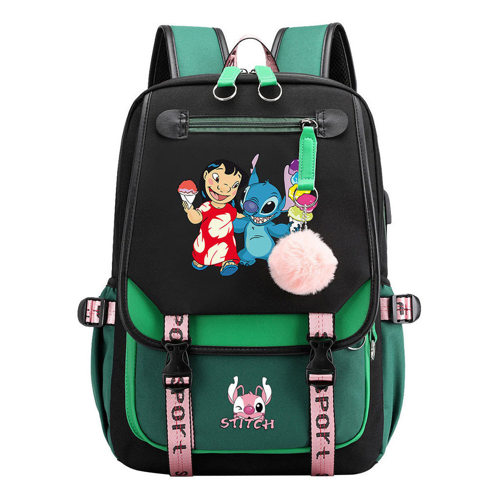 Interstellar Baby Stitch Usb Youth School Bag Casual Ribbon Flip Backpack