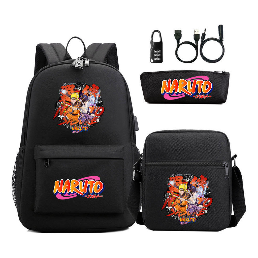 Naruto Usb Password Lock Youth Student Backpack Three Piece Set Backpack Set