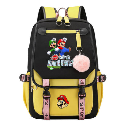Super Mario Printed Usb Backpack For Men And Women, Casual Woven Strap Flip Back Backpack