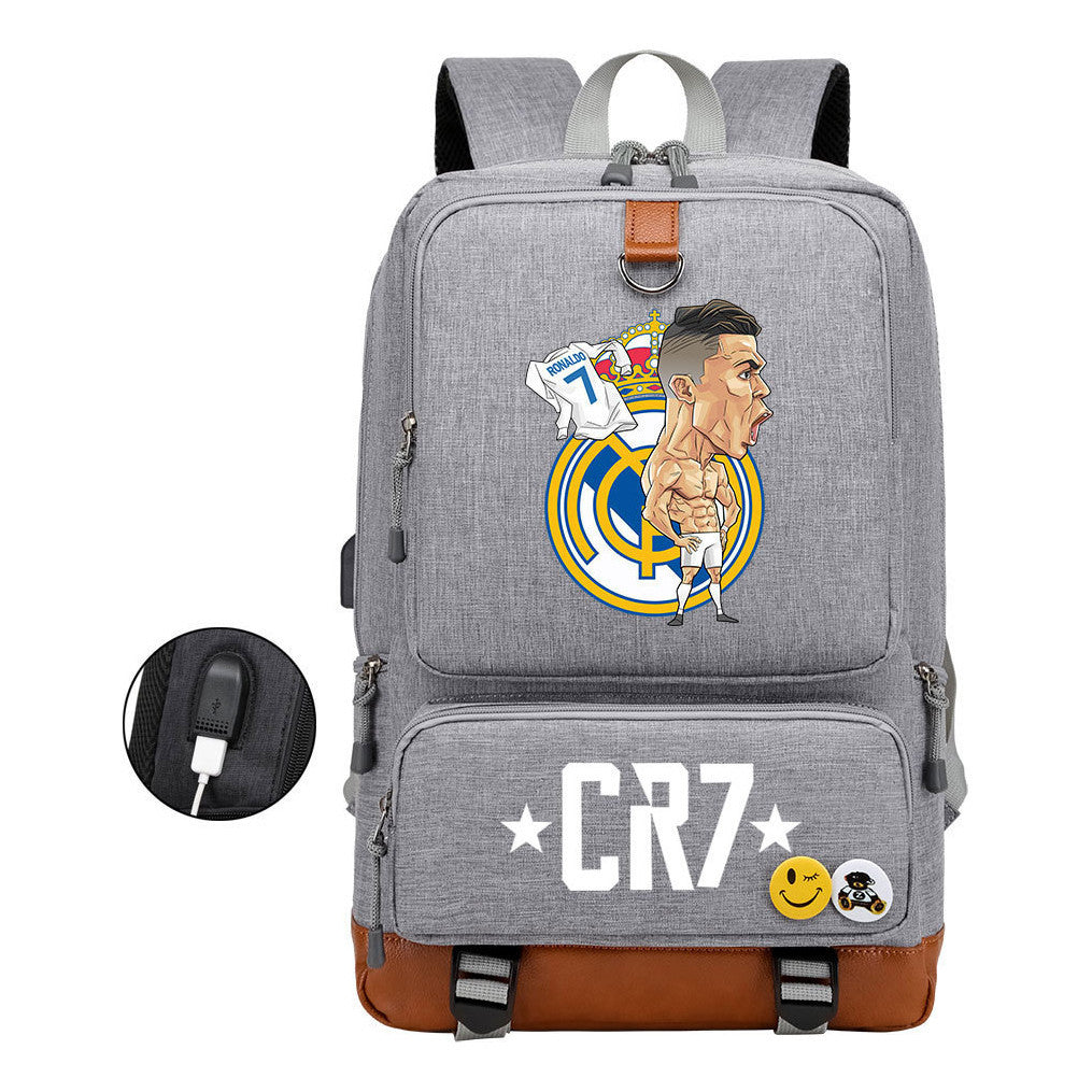 Football Star Cristiano Ronaldo Printed Usb Student Backpack For Leisure Travel Backpack
