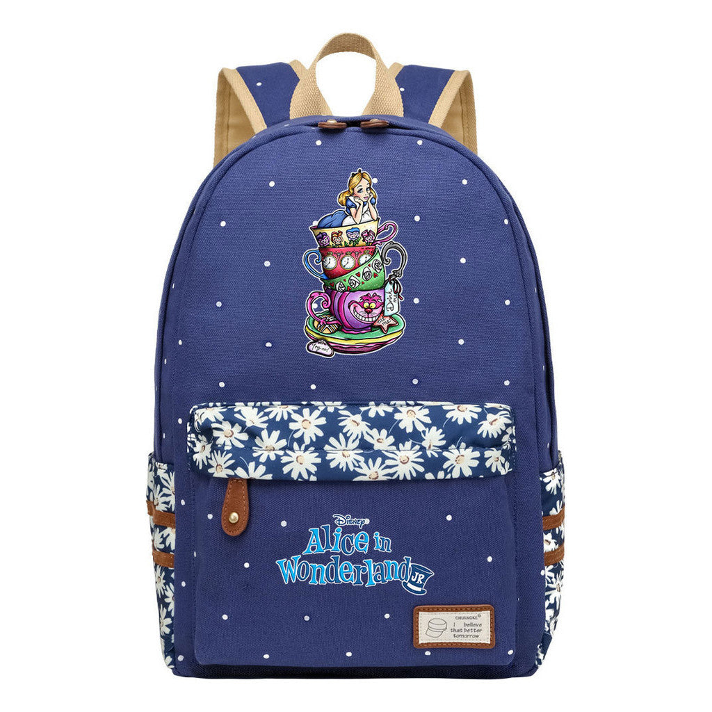 Anime Cartoon Cheshire Cat Print Youth Student Backpack With Floral Casual Backpack