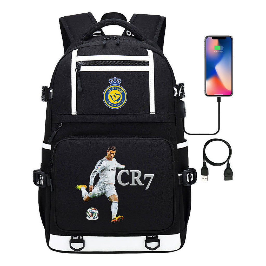Football Star Cristiano Ronaldo Printed Usb Youth Student Backpack For Men And Women, Backpack For Leisure Travel