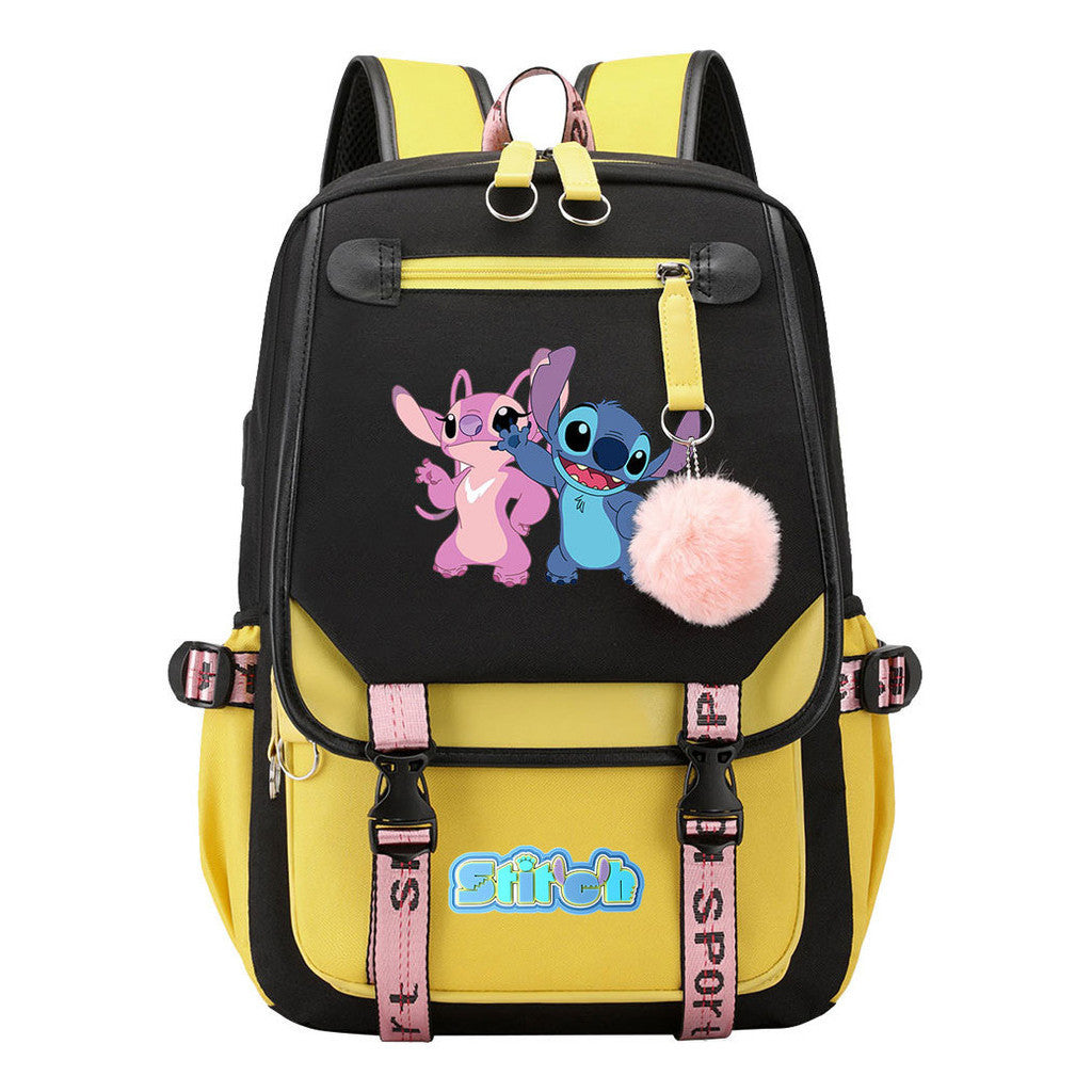 Interstellar Baby Stitch Usb Student Backpack With Casual Woven Strap Flap Backpack