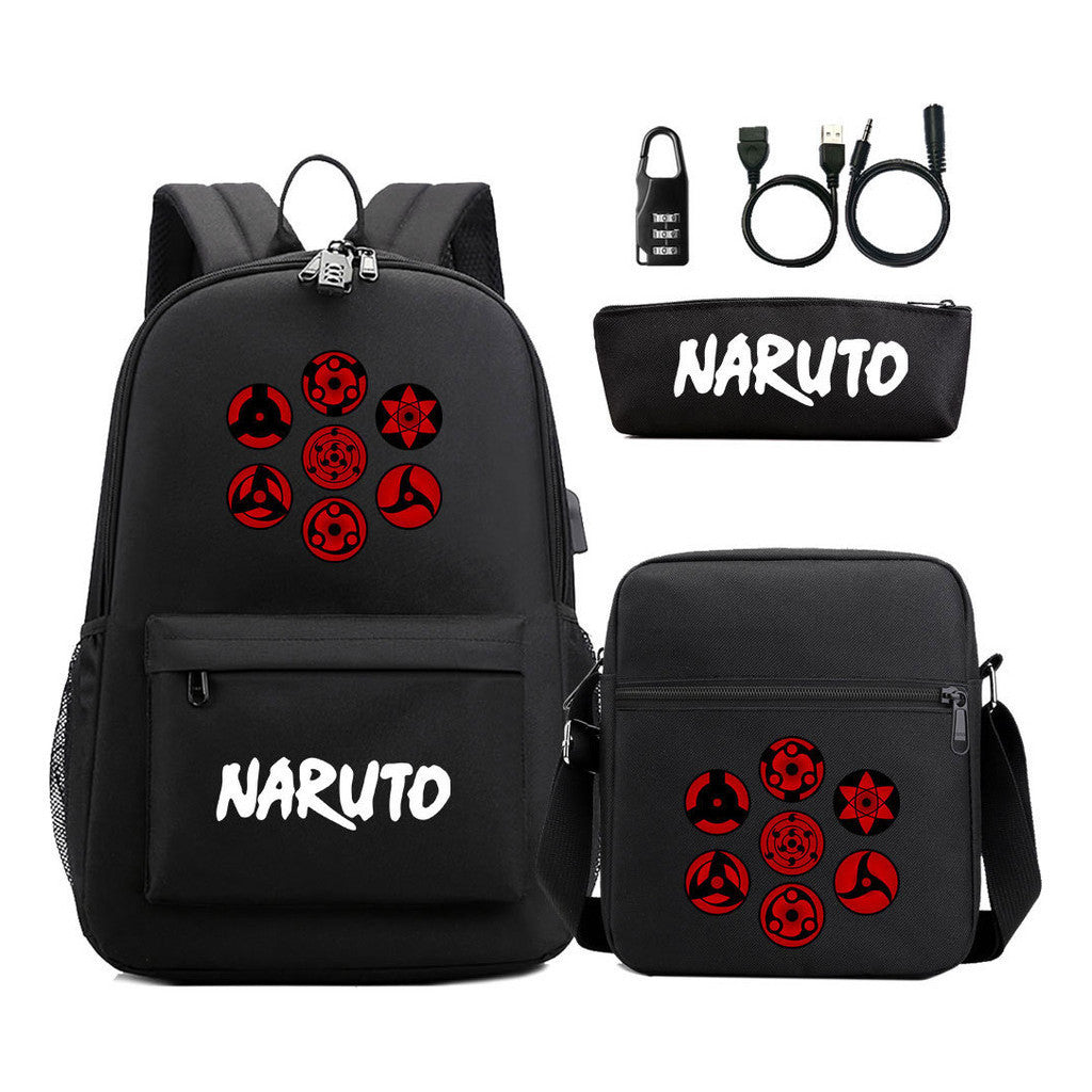 Naruto Usb Password Lock Youth Student Backpack Three Piece Set For Men And Women Backpack Set