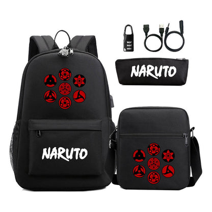 Naruto Usb Password Lock Youth Student Backpack Three Piece Set For Men And Women Backpack Set