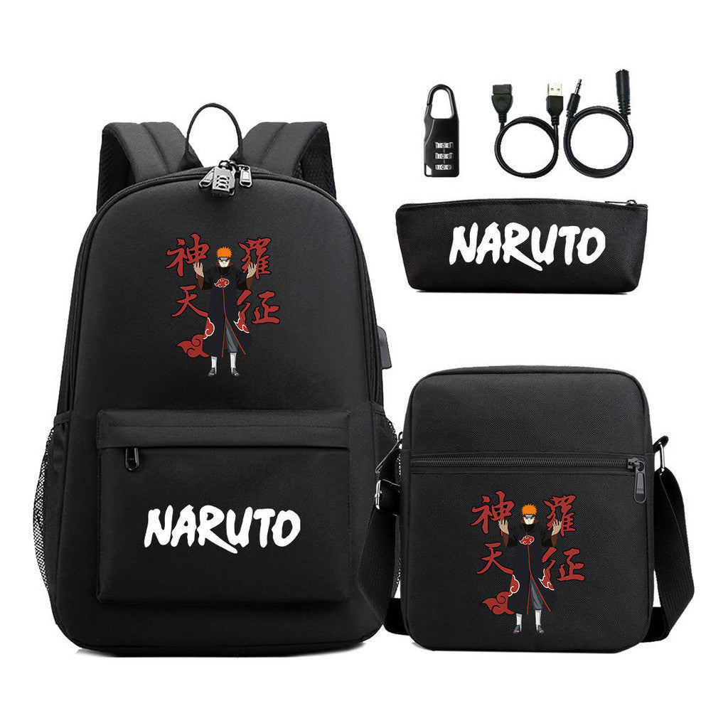 Naruto Usb Password Lock Youth Student Backpack Three Piece Set For Men And Women Backpack Set