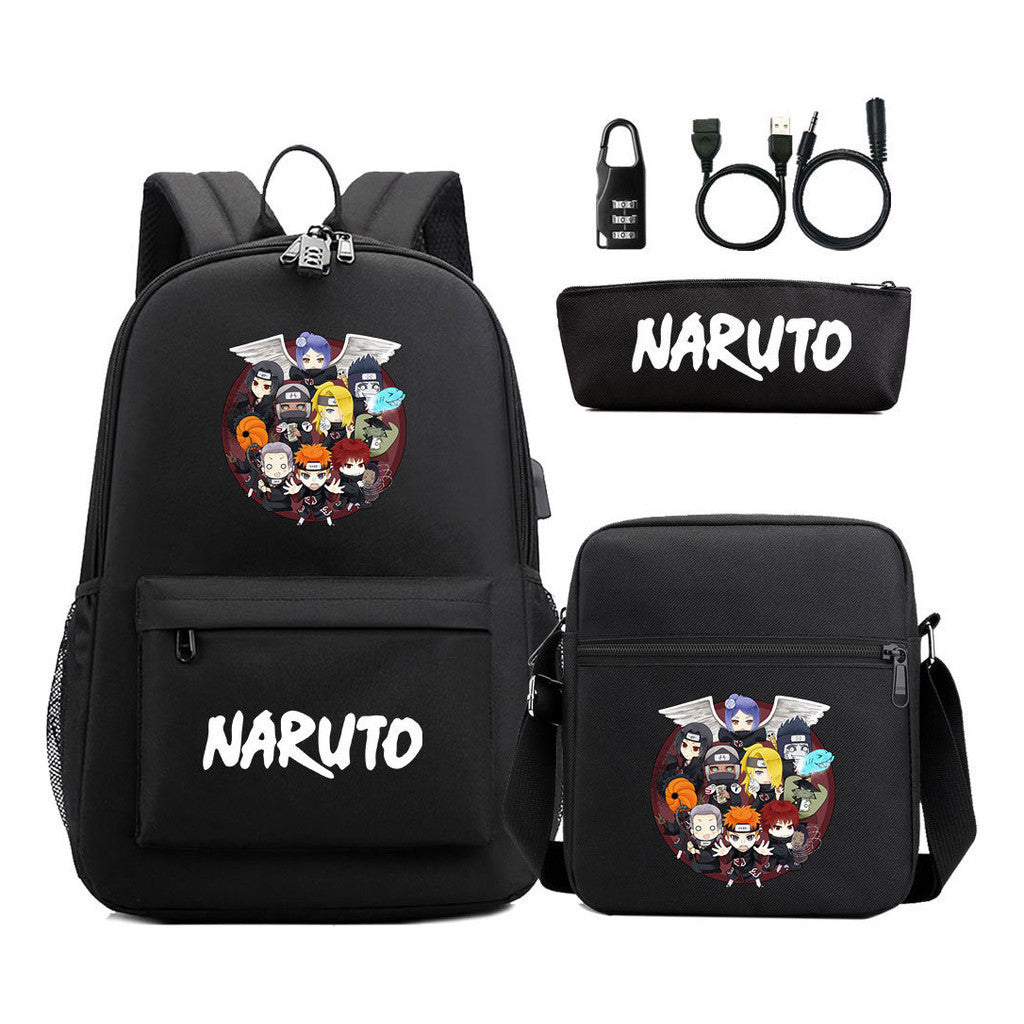 Naruto Usb Password Lock Youth Student Backpack Three Piece Set For Men And Women Backpack Set