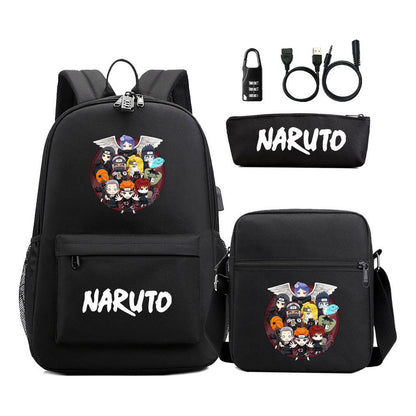 Naruto Usb Password Lock Youth Student Backpack Three Piece Set For Men And Women Backpack Set