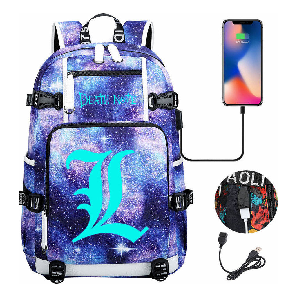 Blue Night Light Death Note Usb Youth Student School Bag Men's And Women's Leisure Travel Backpack