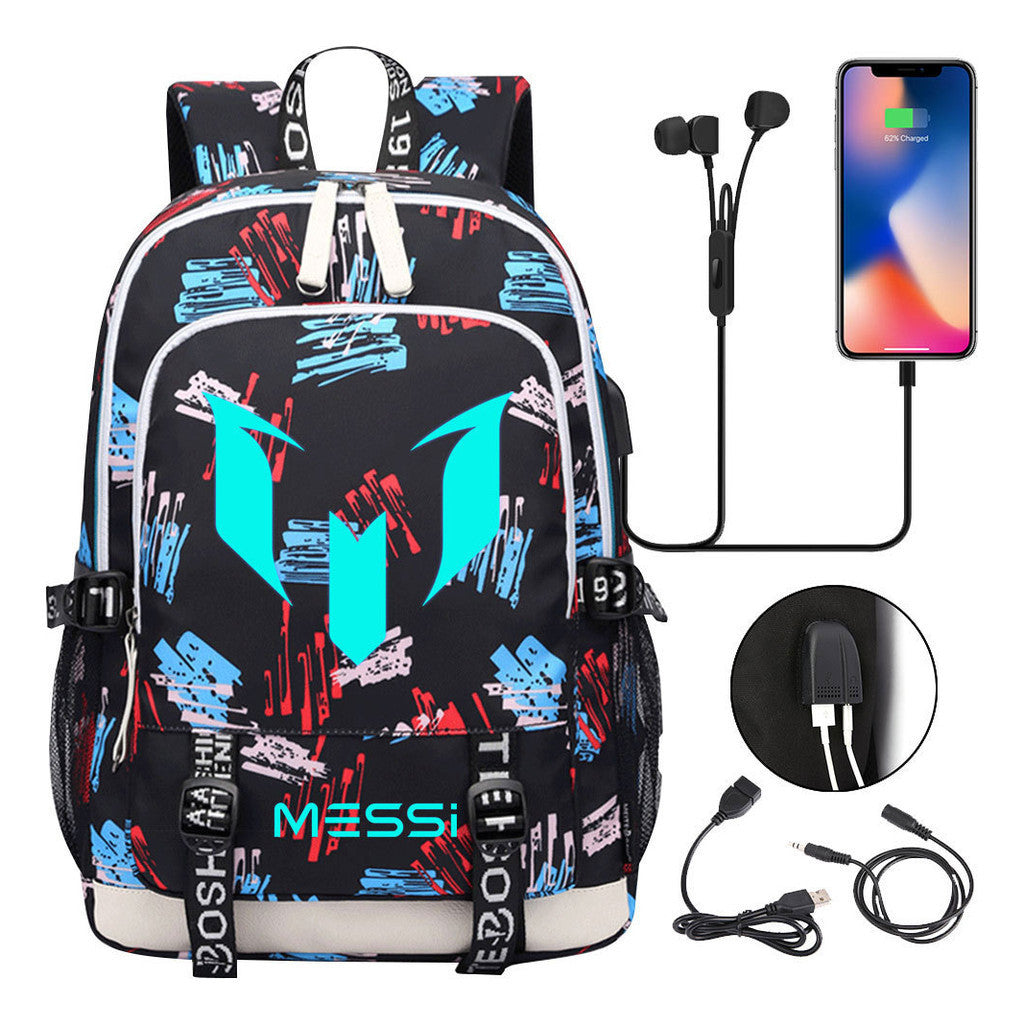 Blue Luminous Sports Football Star Teenagers Schoolbag Usb Leisure Backpack Men And Women