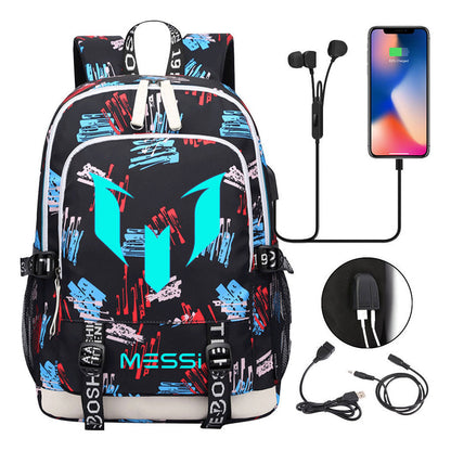 Blue Luminous Sports Football Star Teenagers Schoolbag Usb Leisure Backpack Men And Women