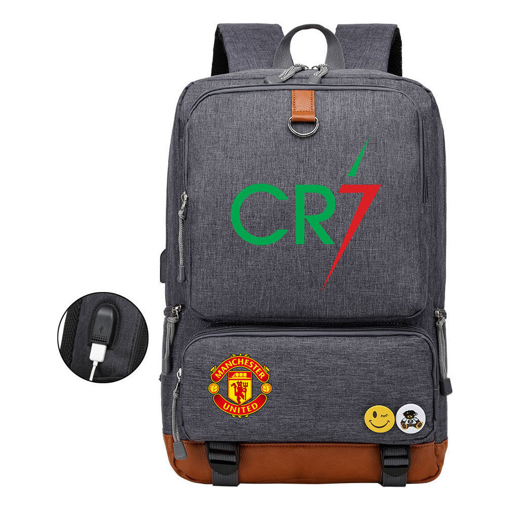 Football Star Cristiano Ronaldo Printed Usb Youth Backpack For Leisure Travel Backpack