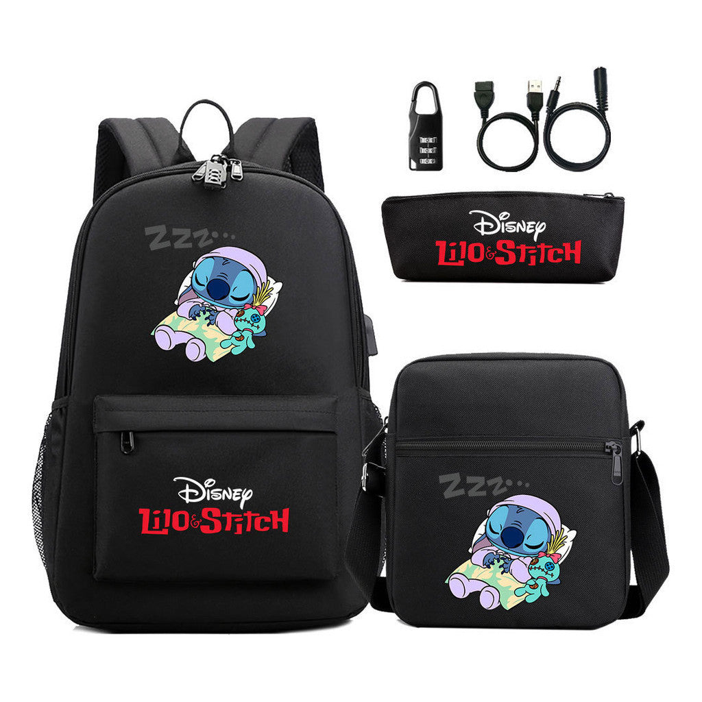 Interstellar Baby Stitch Usb Password Lock Youth Student Backpack 3-piece Set For Men And Women Backpacks