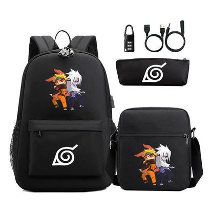 Naruto Usb Password Lock Youth Student Backpack Three Piece Set For Men And Women Backpack Set