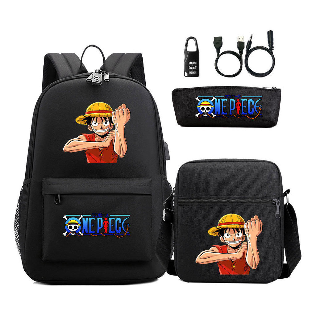 Cartoon Pirate King Usb Password Lock Youth Student Backpack Three Piece Set Backpack