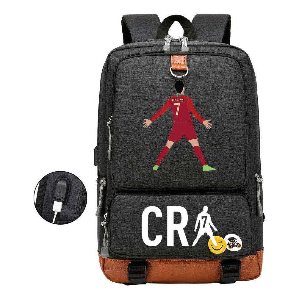Football Star Cristiano Ronaldo Printed Usb Youth Primary And Secondary School Backpack For Boy And Girl's Leisure Travel Backpack