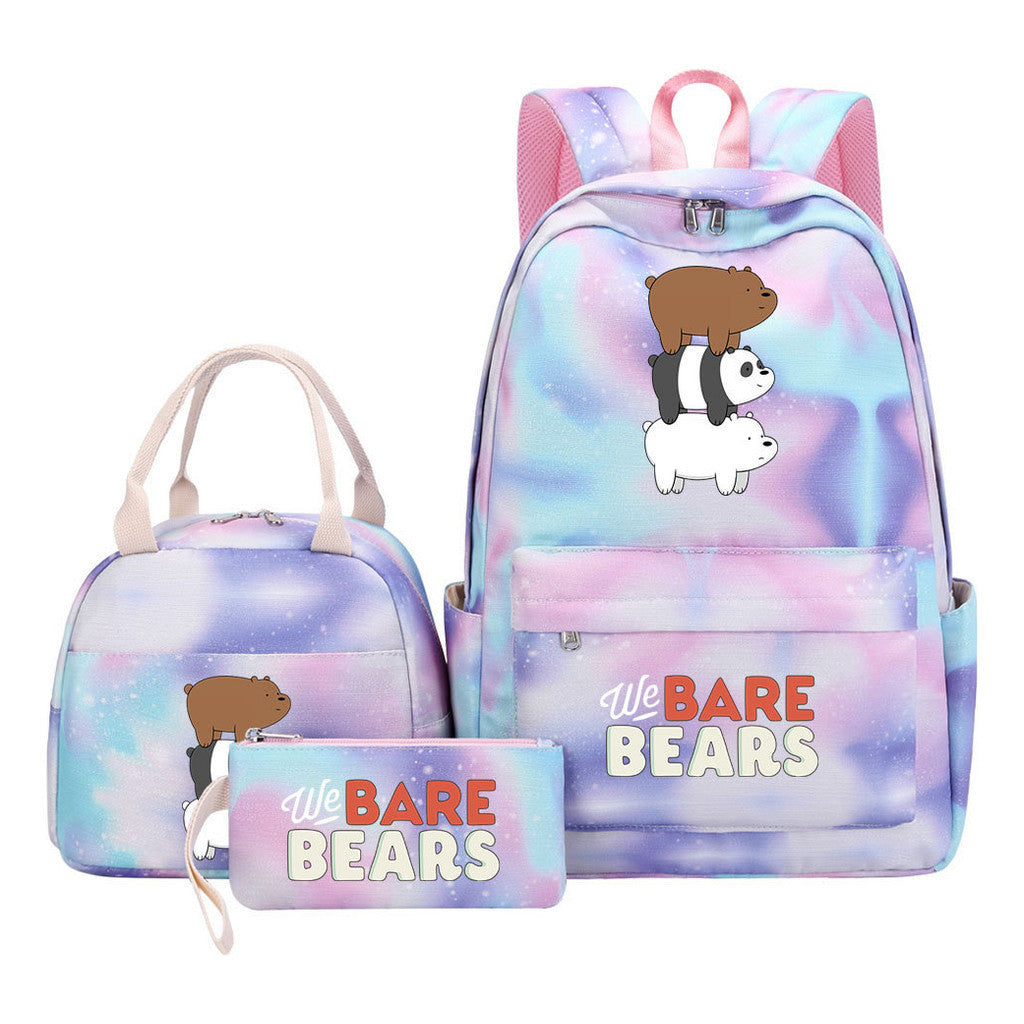 Cartoon Cute Three Bears Youth Student Girls School Bag Lunch Bag Three Piece Set Backpack Set