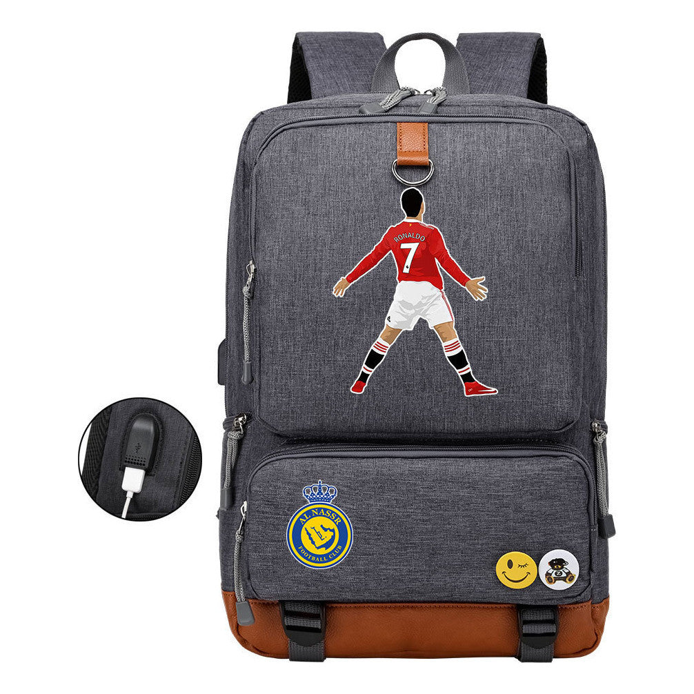 Football Star Cristiano Ronaldo Printed Usb Student Backpack Leisure Travel Backpack