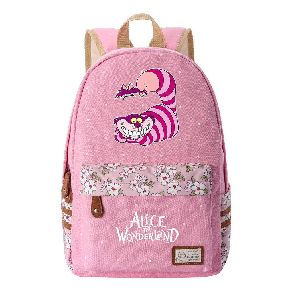 Anime Cartoon Cheshire Cat Print Student Backpack, Floral Casual Backpack