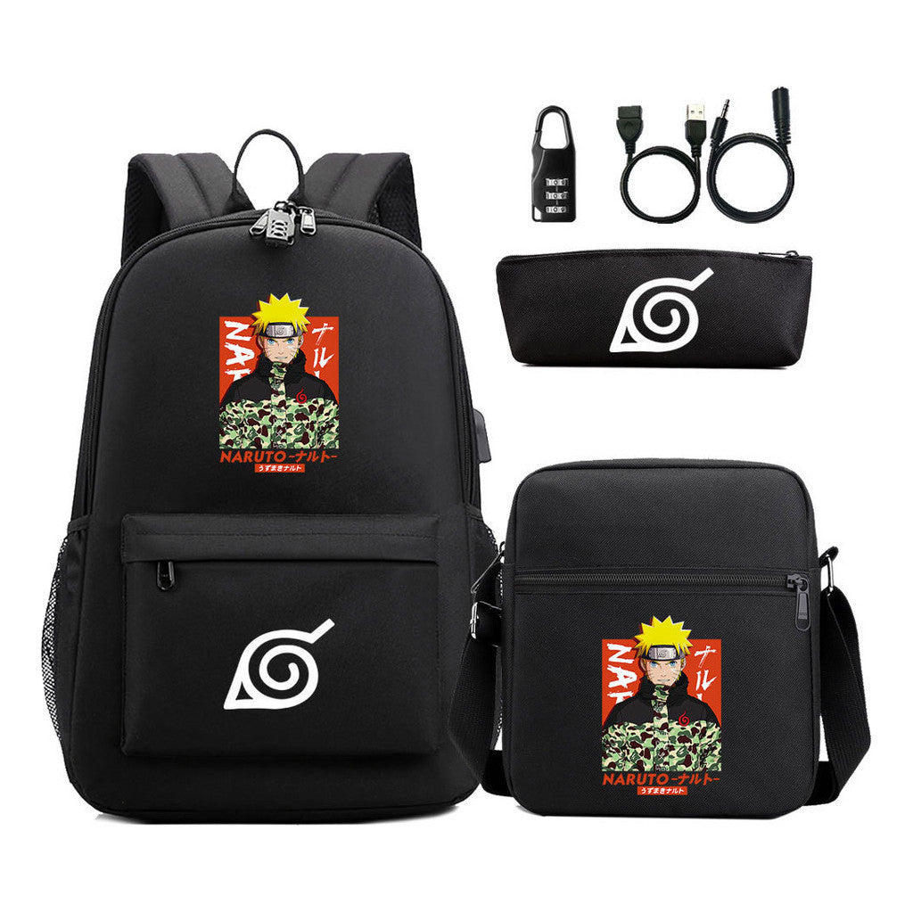 Naruto Usb Password Lock Youth Student Backpack Three Piece Set For Men And Women Backpack Set