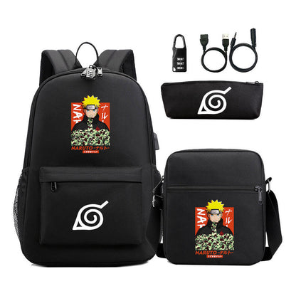 Naruto Usb Password Lock Youth Student Backpack Three Piece Set For Men And Women Backpack Set